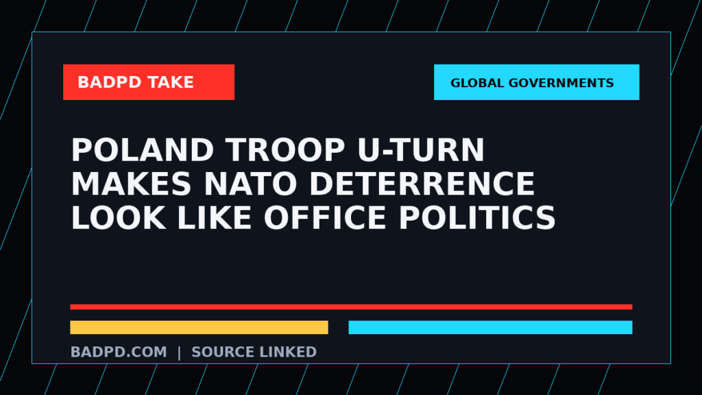 Symbolic editorial source-take graphic for Poland Troop U-Turn Makes NATO Deterrence Look Like Office Politics, not a depiction of the event.