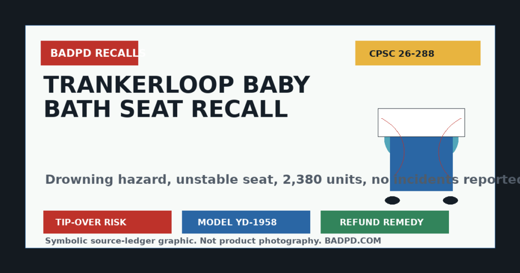 Symbolic BadPD CPSC recall ledger graphic for Trankerloop Baby Bath Seats recall 26-288.